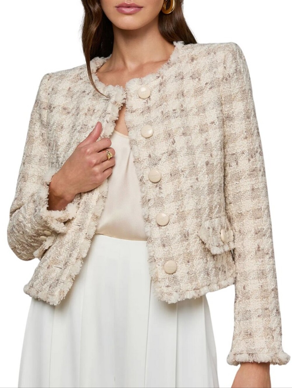 L'Agence Zell Collarless Jacket in Taupe/Grey Houndstooth